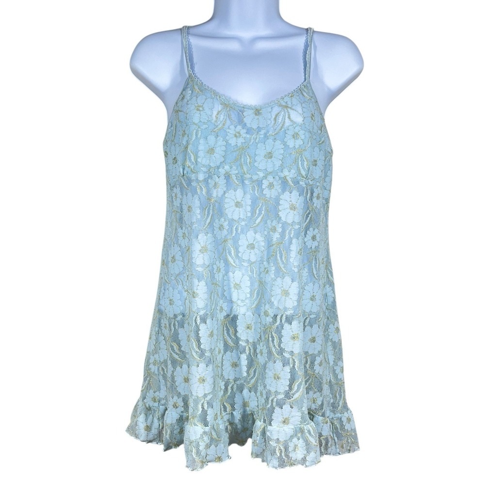 Victoria Secret Angels Lace Camisole Sz L Pale Blue & Gold Floral Ruffles Sexy‎